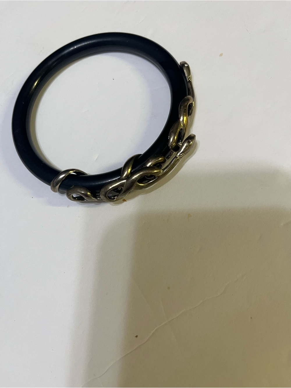 Black Bangle Bracelet with Silver Chain Accent